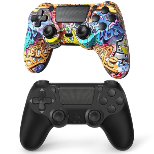 TIANHOO Wireless Controller Compatible with PS4/Pro/Slim | with Vibration Feedback, Motion Sensing, Touchpad, Light Bar, Share, 3.5mm Headphone Jack (Graffiti, Black) - color: Graffiti, Black