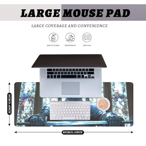 Knight Gaming Mouse Pad Gothic Fantasy Stained Glass Mousepad Extended Large Laptop Keyboard Non-Slip Rubber Base with Stitched Edges Office Computer Keyboard Laptop 31.5x11.8 Inch - color: Knight_12, size: 31.5L x 11.8W inches