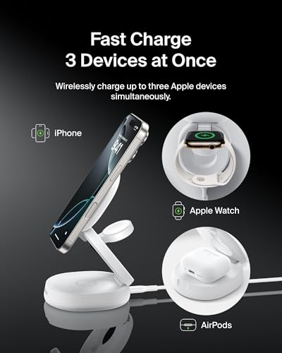 Belkin Qi2 15W Wireless Fast Charging Station, 3 in 1 iPhone Charger | Fast Charging, MagSafe Compatible, iPhone 17/16/15, Apple Watch, AirPods, Travel Charger, Magnetic - color: White, style: 3 in 1