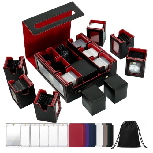 9IN1 MTG Deck Box with Handle, Fits 1000 Trading Cards or 8 Commander Decks, Premium Black Red Leather TCG Storage Case with 8 Removable Trays and 10 Dividers, Compatible with Magic, Yu-Gi-Oh! - color: Black Red