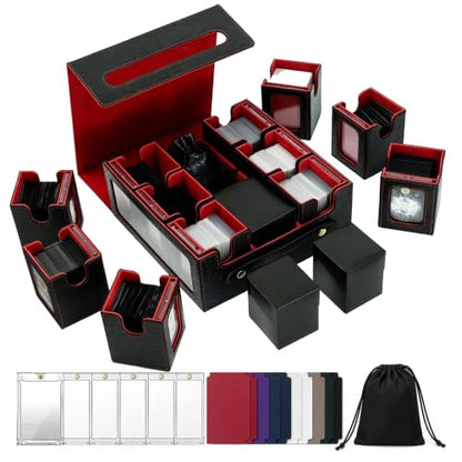 9IN1 MTG Deck Box with Handle, Fits 1000 Trading Cards or 8 Commander Decks, Premium Black Red Leather TCG Storage Case with 8 Removable Trays and 10 Dividers, Compatible with Magic, Yu-Gi-Oh! - color: Black Red