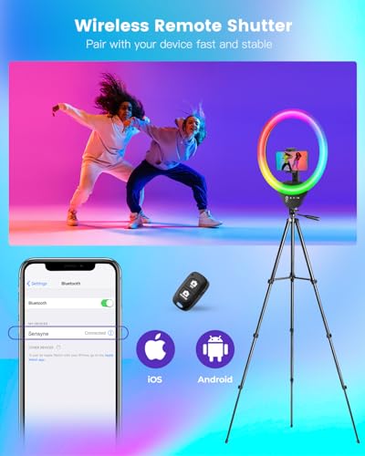Sensyne 10'' RGB Ring Light with 50'' Extendable Tripod Stand, Circle Lights with Phone Holder for Live Stream/Makeup/YouTube Video/TikTok, Compatible with All Phones - color: RGB, size: 10-inch