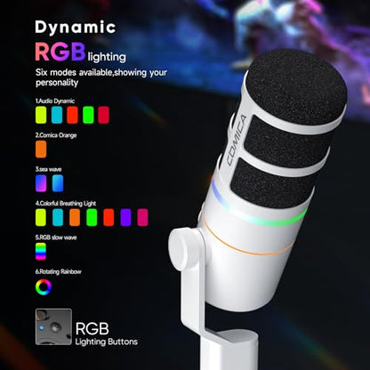 COMICA EJoy D10(A) USB/XLR Dynamic Gaming Mic with Boom Arm, Noise Cancel | Cardioid Dynamic Capsule, 48khz/24bit, 4-Level Gain & Real-Time Monitor, Streaming Microphone for Gamers Pc/Laptop/Ps5 - color: White