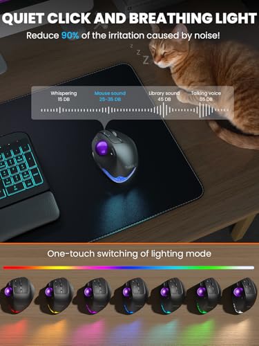 Wireless Trackball Mouse, Adjustable Angle Rechargeable Backlit-Purple Ball | MAM1 Pro Ergonomic Mouse Rollerball Thumb mice with 5 Level DPI, 3 Devices Connection (USB & Bluetooth ) for PC, Windows - color: Purple Ball