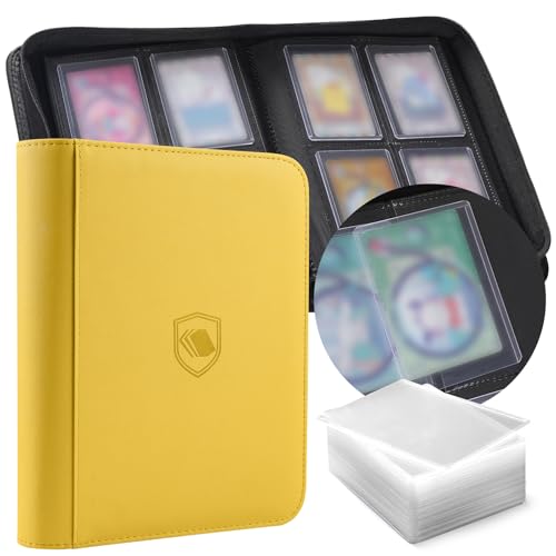 Toploader Binder, Holds 160 Toploaders, 100 Toploaders INCLUDED, 4-Pocket PU Cover Top Loader Binder for 3" x 4" Rigid Toploader, Ringless Double-Sided Toploader Card Binder for TCG, Sport Cards - color: Yellow, size: 4 Pocket