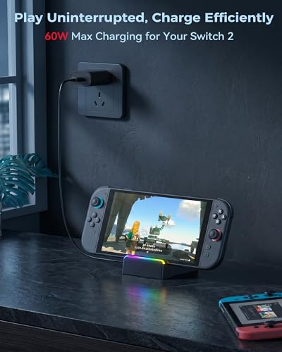 Switch 2 Dock with 60W Charger & HDMI Cable, 4K TV Docking Station for Nintendo Switch 2, All-in-One Game Accessories Set, Portable Travel Charging Stand Base, AC Adapter Power Cord