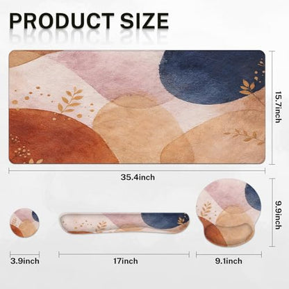 Britimes Abstract Boho Keyboard Mouse Pad Set 4in1 Large Mousepad+Keyboard Wrist Rest+Mouse Wrist Rest+Coaster Set with Ergonomic Design for Home Office Computer 35.4x15.7 inches - color: Abstract Boho