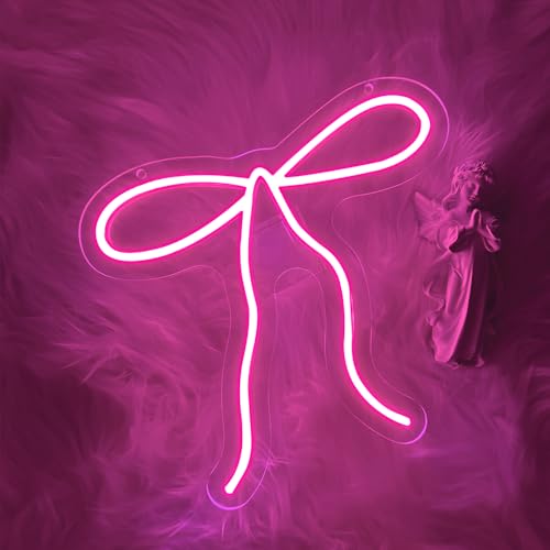 Bow Neon Sign, Pink Ribbon Bow Neon Signs for Wall Decor Pink LED Neon Light for Girl's Girly Room Bridal Shower Wedding Nursery Christmas Birthday Party Gift Dimmable USB Powered (10.2"*9.6") - style: Pink Bow