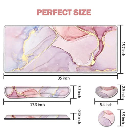 AIMSA Large Gaming Mouse Pad Set, Keyboard Wrist Rest Support Mouse Pad, Ergonomic Memory Foam Multifunctional Extended Desk Mat 35x15.7in Anti-Slip Rubber Base for Office Home, Pink Purple Marble - color: Pink Purple Marble