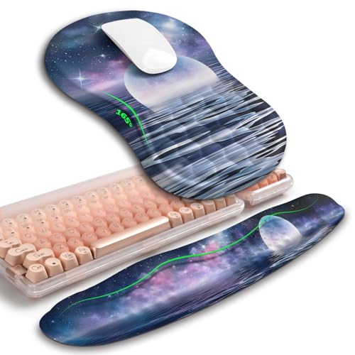 Hokafenle 2in1 Combination, Wave Keyboard Wrist Rest and Ergonomic Curvature Mouse Pad Wrist Support for Relieve Wrist Pain, Filled with Soft Cushion Memory Foam, Moonlit Starry Sea - color: Moonlit Starry Sea