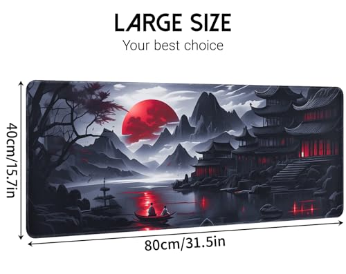 FreeNook Large Gaming Mouse Pad, Anime Black Mousepad with Stitched Edges, Expanded Cool Desk Mat, Japanese Red Moon XL Keyboard Mat Suitable for Home Office,31.5 X 15.7 Inch - color: RedMoon, size: 31.5L x 15.7W inches
