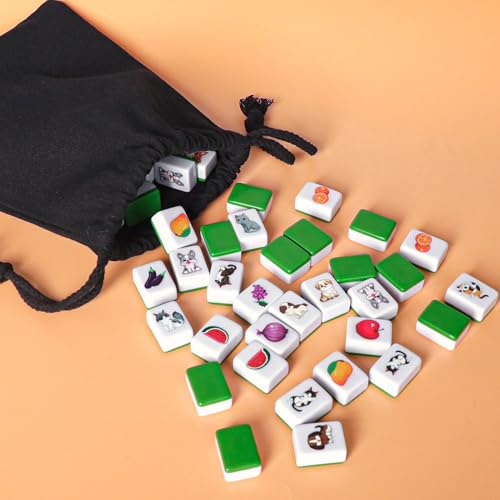 GRACIAS 4 Players Mahjong Block Set, 128 Green Tiles(1.18”) with Animal and Food Pattern, Portable Mahjong Set with A Carry Bag, Mahjong Tile Game - color: Green