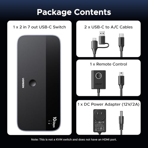 UGREEN 2-in 7-Out USB 3.2 Switch, 10 Gbps Switcher for A or C Computers Sharing All Devices(4 A+3 C) Keyboard Mouse Switch with Type C Converter Adapter,Power Adapter
