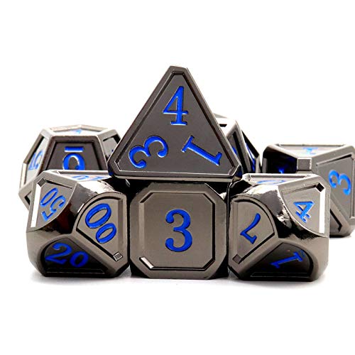 Haxtec Metal DND Dice Set, 7 Pcs Black Polyhedral Dice for Table Games | Blue Numbers D&D with Metal Case, Compatible with Dungeons and Dragons, Heavy Metallic 7 die, RPG Gifts for Board Games - color: Black Blue