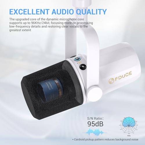 FDUCE SL40 Dynamic Microphone for Podcasting, Gaming, Live Streaming and Recording, Built-in Headphone Output, LED Mute Button, All-Metal USB/XLR, Voice Isolation Technology (White) - style: SL40 White