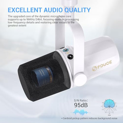 FDUCE SL40 Dynamic Microphone for Podcasting, Gaming, Live Streaming and Recording, Built-in Headphone Output, LED Mute Button, All-Metal USB/XLR, Voice Isolation Technology (White) - style: SL40 White