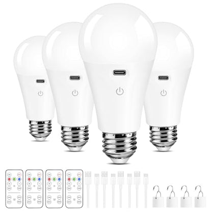 Rechargeable Light Bulbs with Remote Control and USB Charging; Dimmable Battery Operated Light Bulbs with 3 Color Temps and 4 Timer; A19 Wireless Light Bulbs for Sconce, Not-Hardwired 4 Pack - color: 4 Pack
