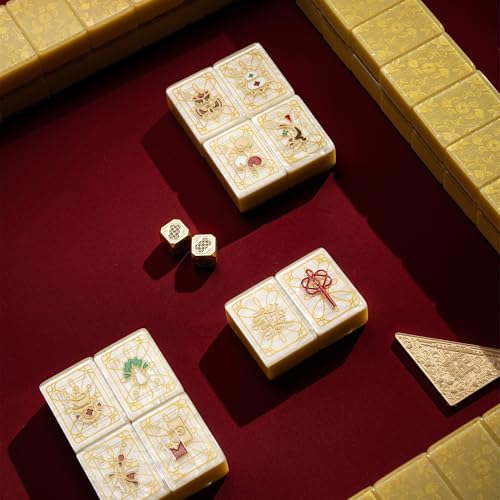 Premium Mahjong Set in Elegant Gift Box with Large Acrylic Tiles | Chinese Mahjong Game Set for Adults, Easy-to-Handle Tiles, Luxury Tabletop Set for Gifting, Family Gatherings & Collection - color: Gold