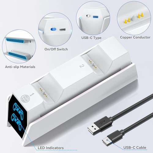 PS 5 Controller Charger Station Compatible with Play 5 Faceplates Edge & Dual Controller, PS 5 Accessories Charging Station, PS 5 Charging Dock Stand with LED Indicators for PlayStation Consoles - color: White