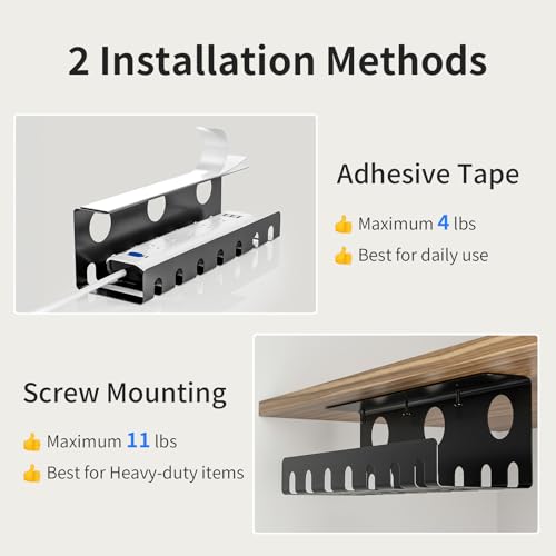 Delamu 2 Pack Metal Under Desk Cable Management Tray, U Channel Cord Organizer Box, Office Under Desk Cord Organizers, Cable Management with Various Accessories, Black, 15.75 Inches