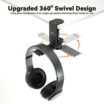 Under Desk Headphone Stand - 360 Degree Rotating Aluminum PC Gaming Headset Holder with Cable Organizer, Adjustable Screw Clamp Hanger for Heavy Headphones, VR Glasses & Bags, Universal Fit