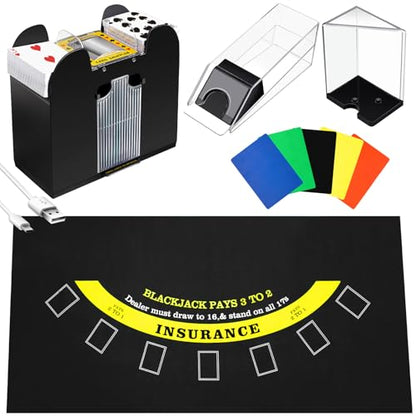 Aoriher Blackjack Game Combo Set, Include Blackjack Layout Felt,Shoe 6 Deck Automatic Card Shuffler Discard Holder Trays and 10 Cut Cards for Casino, Party Night(Black) - color: Black