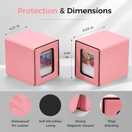 MTG Commander Deck Box with Dual Display Windows and Dice Tray | Fits 100 Double-Sleeved Cards, PU Leather, 2 Magnetic Card Holders, 2 Dividers, Pink & Black - color: 1. Pink & Black