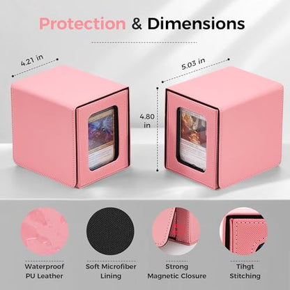 MTG Commander Deck Box with Dual Display Windows and Dice Tray | Fits 100 Double-Sleeved Cards, PU Leather, 2 Magnetic Card Holders, 2 Dividers, Pink & Black - color: 1. Pink & Black