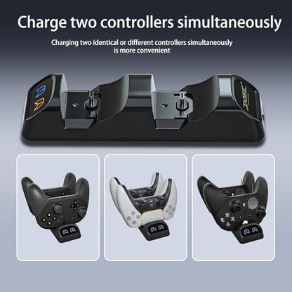 Switch 2 Pro Controller Charger Dock, Dual USB-C Charging Station for Switch Pro Controller, Compatible with PS5, Xbox Series X|S and Elite Series 2, LED Indicators, USB-C Adapters Included