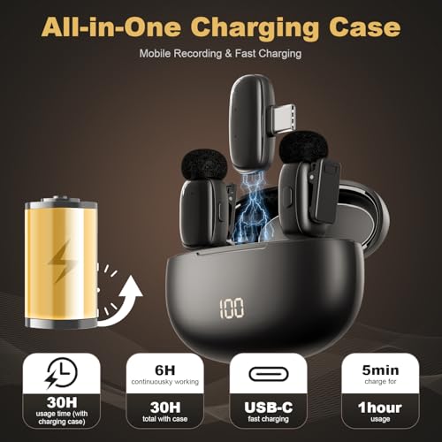 Wireless Lavalier Mini Microphone for iPhone ipad Android | 30H Long Battery Life, Noise Cancellation, Plug & Play for Vlogging, Video Recording, Podcast, YouTube, TikTok