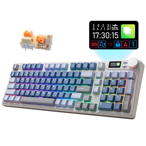 iRocks K85R Wireless RGB Backlit Mechanical Gaming Keyboard with LCD Display, Hot-Swappable Pre-lubed Switches, 98 PBT Keys, USB-C Detachable Cable (Aurora Blue, Silent Bubble Switch)