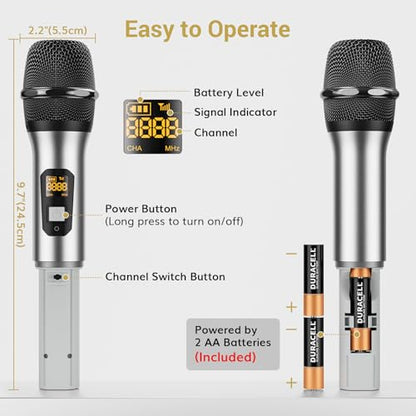 TONOR Wireless Microphones System, 4x10 Channel UHF Wireless Mic, 4 Handheld Adjustable Frequency Metal Cordless Dynamic Mic, Multiset Operation, 90 m Ideal for Karaoke Singing Wedding Church, Silver - style: 4 Mics