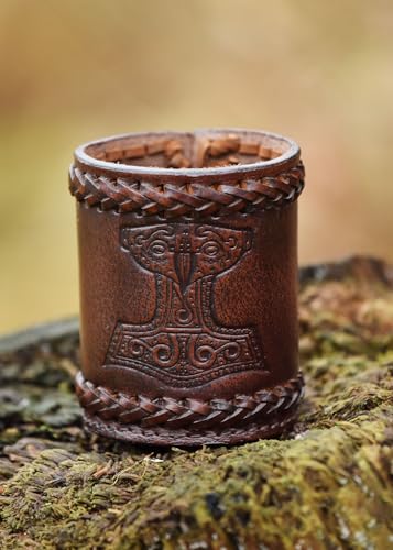 Ulfberth - Viking dice Cup with Embossed Motif - Genuine Leather - Medieval Leather Cup with Engraving (Thor's Hammer Style, Brown) - color: Thor's Hammer, Brown