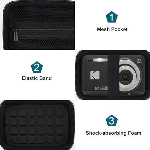 Canboc Hard Case for Kodak PIXPRO FZ55/ FZ45/ FZ43/ FZ53 16MP Digital Camera, Vlogging Camera Bag, Zipper Mesh Pocket fit Cable, SD Card, Black (Case Only) - color: T-Black