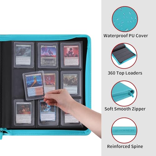Snekdy Top loader Binder, 9 Pockets Top Loader，Holds 360 Top Loaders cards, Card binder with Sleeves for card in 3 x 4 inch color smooth Zipper PU Leather (Turquoise) - color: Turquoise