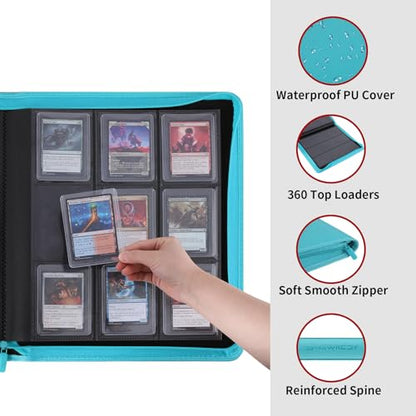 Snekdy Top loader Binder, 9 Pockets Top Loader，Holds 360 Top Loaders cards, Card binder with Sleeves for card in 3 x 4 inch color smooth Zipper PU Leather (Turquoise) - color: Turquoise