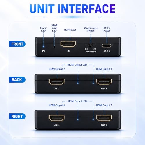 J-Tech Digital HDMI Splitter 4K 60Hz 1X4 Multi-Resolution Output (MRO) HDMI 2.0 Splitter Supports downscale HDR HDR10 / Dolby Vision 4K@60Hz 4:4:4 HDCP2.3 2.2 (JTECH-4KSP4)
