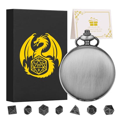 Mini DND Dice Set with Smooth Pocket Watch Shell Case, 7pcs Polyhedral Metal D&D Dice Accessories, DND Gifts with Box for Player, Role Playing Board Games Accessories, DND Gifts, Dark Silver - color: Dark Silver