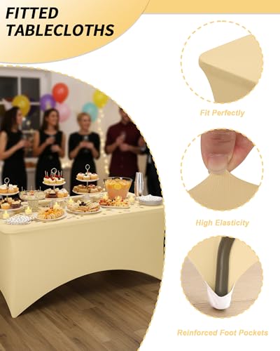 Fixwal Champagne Stretch Table Cloth Rectangle 2 Pack 6Ft, Spandex Fitted Table Covers Washable for Party, Trade Show, Banquet, Wedding, Buffet - color: Champagne, size: 6 Ft