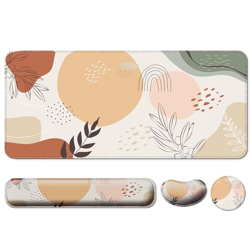 4 in 1 Mouse Pad and Keyboard Wrist Rest,Large Desk Mat,Coaster Set-Leaves | Desk Matt For Desktop Wrist Rest Support XXL Gaming Cute Ergonomic for Computer Laptop Women Office Home Decor - color: B6-boho Leaves