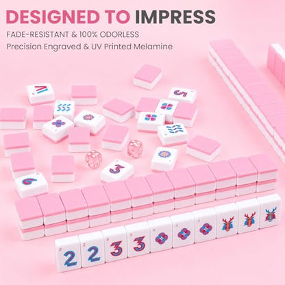 American Mahjong Tile Set - 166 Pink Engraved Melamine Tiles 1.2 Inch - Easy Read Numbered Set with Bag, Dice, Chips, Rulebook & Reference Cards