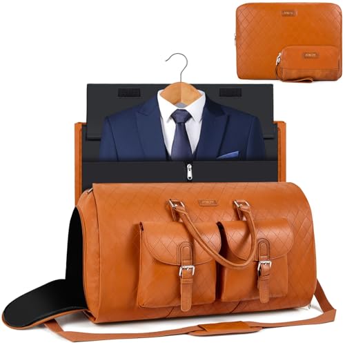 Garment Bag for Travel Convertible Carry on Travel Duffel Bag for Men Women | 3PCS Large Weekender Bag with Waterproof Shoes Pouch 2 in 1 Hanging Clothes Suit Dress Bag Travel Garment Duffel Bag 56L - color: A8-Brown-Faux Leather