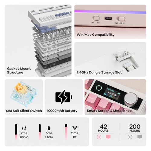 EPOMAKER TH99 PRO 96% Mechanical Keyboard with Screen & Knob, 10000mAh, 2.4Ghz/BT, Hot Swap, Custom Driver, RGB Backlight, PBT Keycap, Wireless Gaming Keyboard for PC/Mac (Pink, Sea Salt Silent) - color: Pink, size: Sea Salt Silent