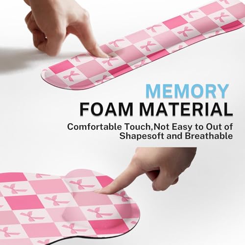 Arttown Keyboard Mouse Pad Set, 4 in 1 Desk Mat Set Kawaii Cute | Pink Checkered Bow Large Mousepad+Keyboard Wrist Rest+Mouse Wrist Rest+Coaster Ergonomic Design for Home Office Computer - color: Pink bow lattice