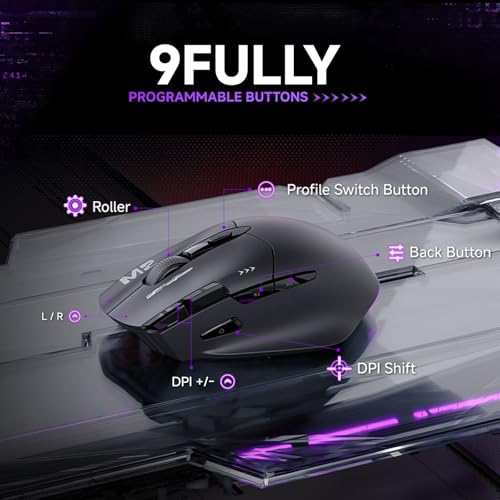 TMKB M2 Wireless Gaming Mouse, 24K DPI, Tri-Mode 2.4G/BT/USB-C, 9 Buttons | Lightweight Ergonomic Grip, Programmable, 600mAh Rechargeable, DPI-Shift Button, RGB lighting, PTFE Feet, for PC Laptop Mac