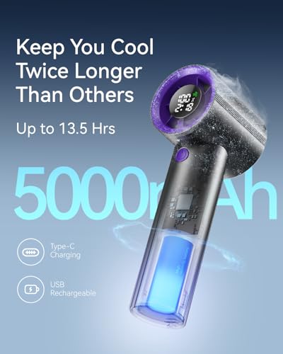 Portable Handheld Fan, Speed(1-199) Powerful Turbo Mini Fan, 30000 RPM High Speed Moter [14H Max Cooling Time] 5000mAh Battery Rechargeable,Pocket Personal Small Travel GIfts for Women Men,BlackPurple - color: Black Purple