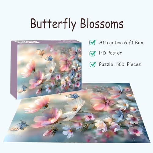 Puzzles for Adults 500 Pieces, Flowers Jigsaw Puzzles - Butterfly Blossoms, Impossible Flowers Butterfly Puzzle for Seniors Families, 20.47x14.96 Inches, 1:1 Poster, Letter On The Back - style: Butterfly Blossoms