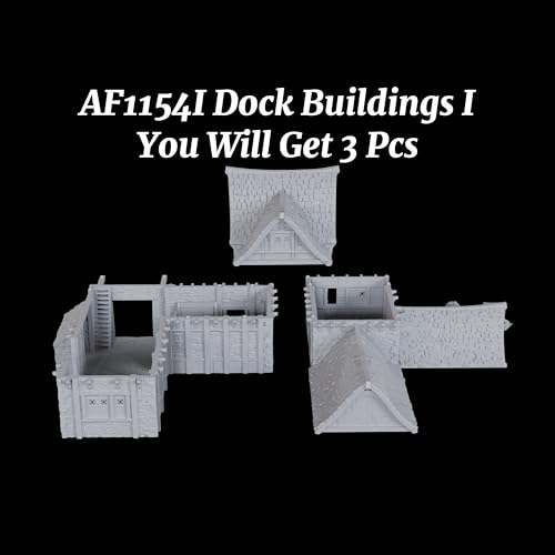 AUSPDICE DND Terrain 25mm 3피스 도크 빌딩, 도색되지 않은 TTRPG 풍경 | 1:64 스케일 멀티 레벨 하버 하우스, 탈착식 지붕 섹션과 던전 앤 드래곤을 위한 디테일한 내부 - AF1154I - color: Af1154i Dock Buildings I
