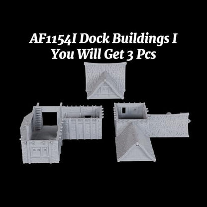AUSPDICE DND Terrain 25mm 3피스 도크 빌딩, 도색되지 않은 TTRPG 풍경 | 1:64 스케일 멀티 레벨 하버 하우스, 탈착식 지붕 섹션과 던전 앤 드래곤을 위한 디테일한 내부 - AF1154I - color: Af1154i Dock Buildings I