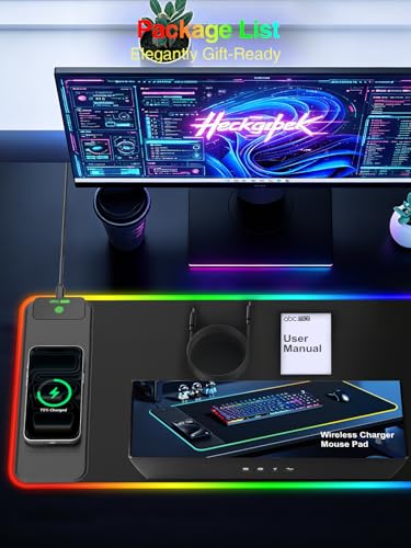 Wireless Charging Mouse Pad Gaming, 31.5"x11.8" Large Desk Mat, Waterproof | RGB Mousepad, Smooth Glide, Stitched Edge, Non-Slip Rubber Base, Desk Pad Computer Keyboard Mat, No Adapter - color: RGB-31.5"x11.8"